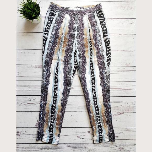 DIANE VON FURSTENBERG Atlas Snake Print Silk/Linen Brown Tan Loose Pants, 6 - Picture 2 of 8